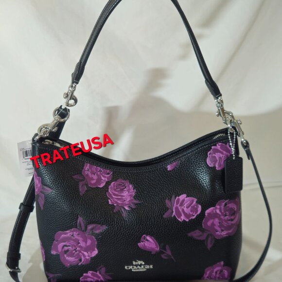 Laurel Shoulder Bag With Floral Print  CCE26 Black Purple Authentic - Picture 3 of 16